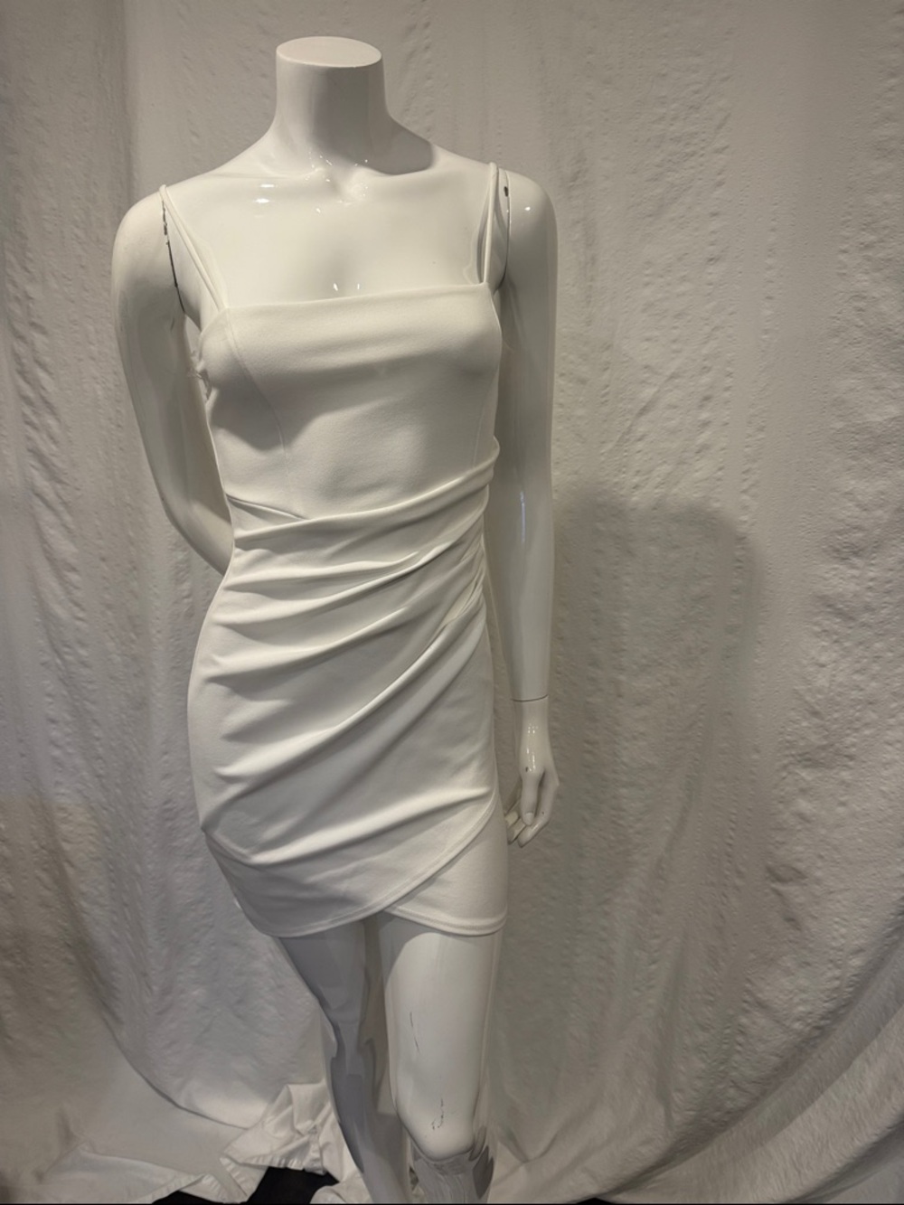 Windsor White Ruched Bodycon Mini Dress Small Asymmetrical Hem Spaghetti Strap
